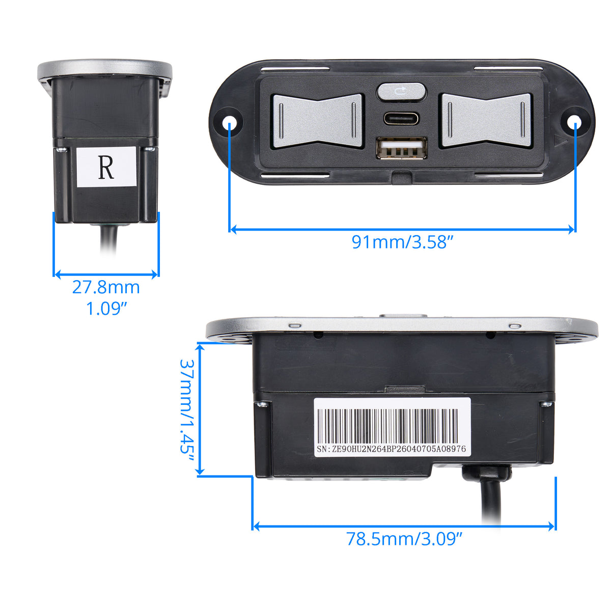 Dimension of eMoMo HX90HU2N 5 Button Switch with Type A+C USB Ports and 5-Pin Plug