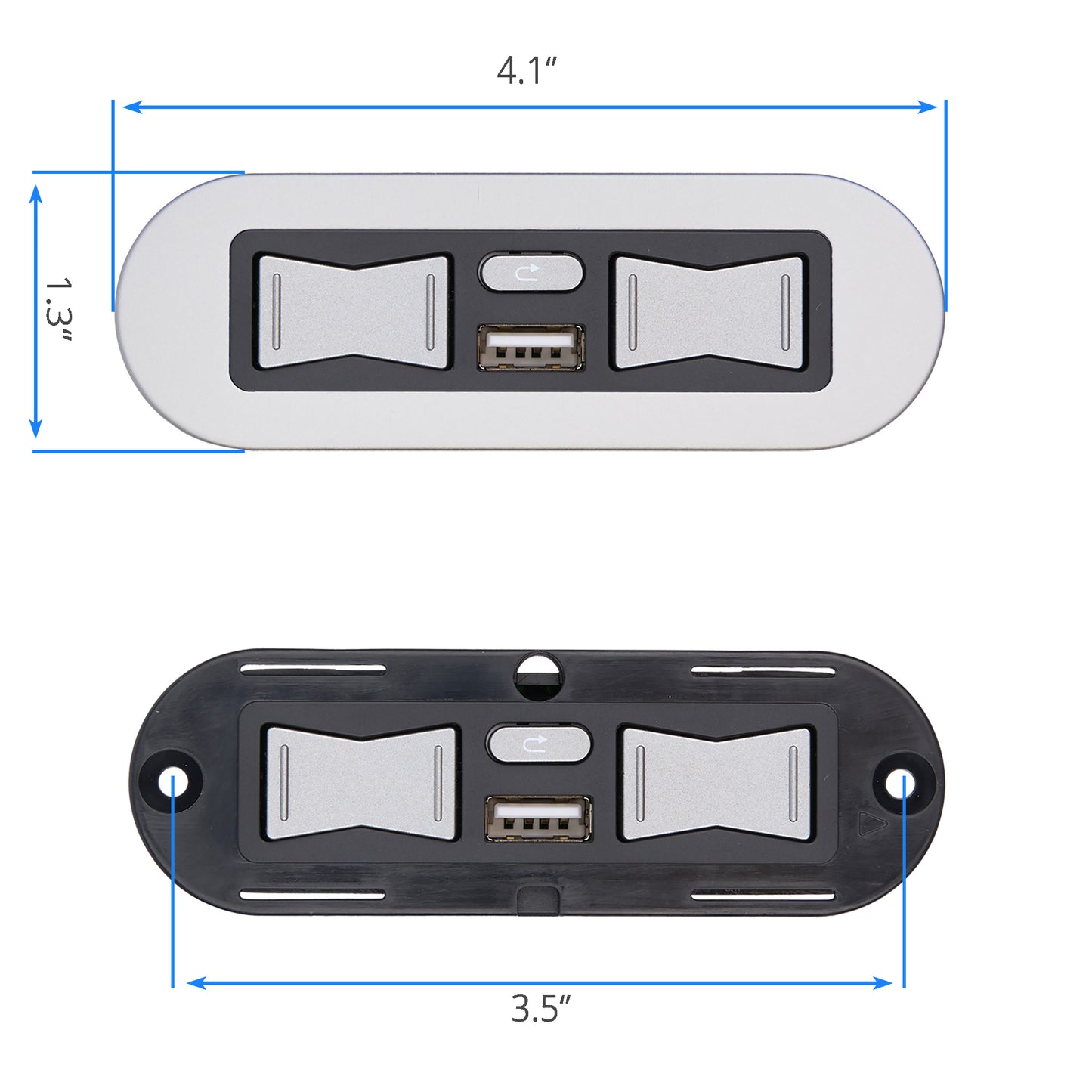 Top and bottom views of a dual USB charging port wall outlet with dimension markings showing 4.1 inches wide, 1.