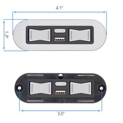 Top and bottom views of a dual USB charging port wall outlet with dimension markings showing 4.1 inches wide, 1.