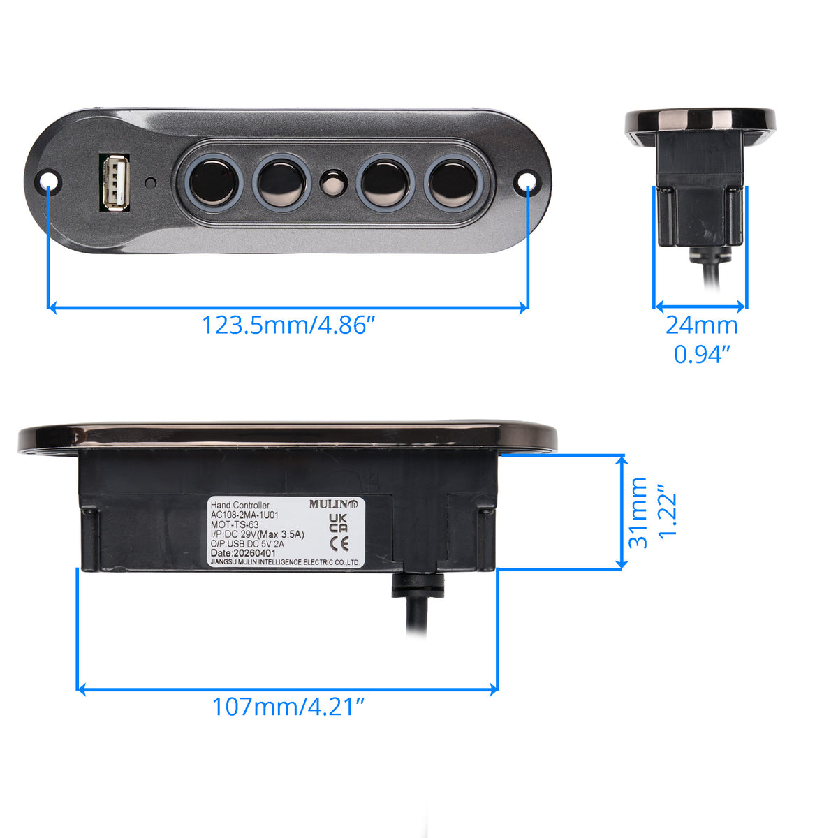 Dimension of the Mulin AC108-2MA-1U01 5-Button Switch MOT-TS-63