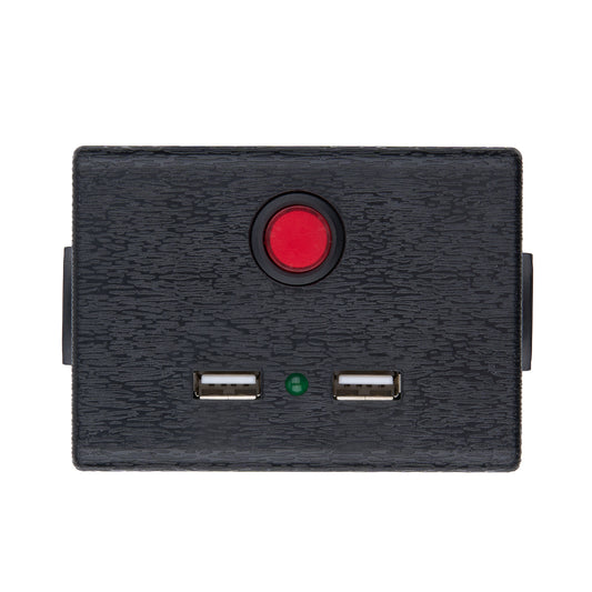 Black electronic device with a red button and USB ports on a white background