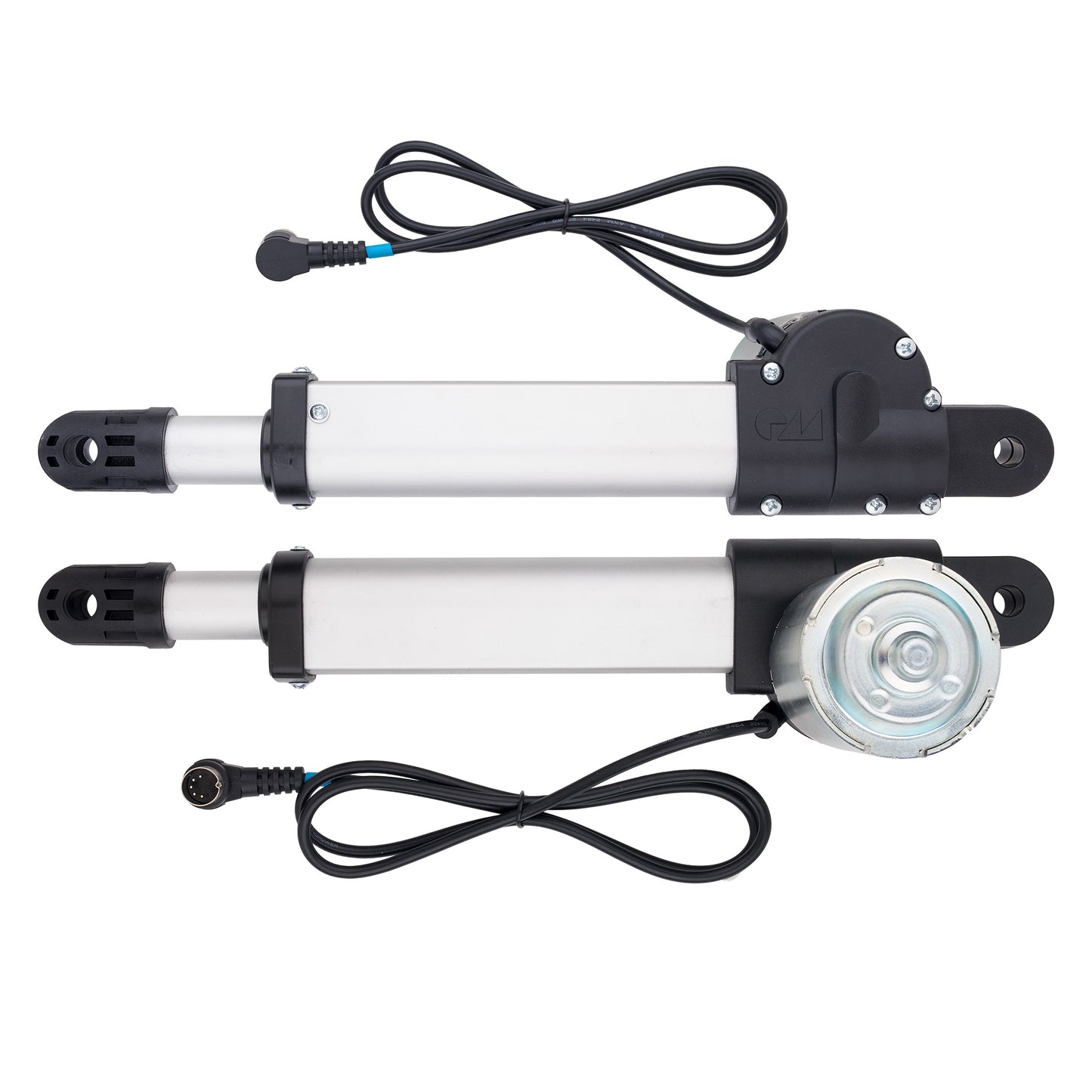 Two silver and black electric linear actuators with attached black power cables, displayed on a clean white background.