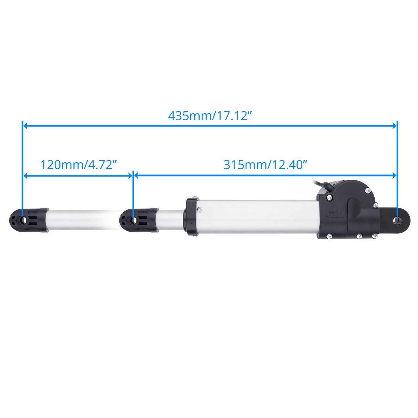 A horizontal cylindrical mechanical arm or actuator with blue dimension lines and measurements showing 435mm total, 120mm on the left section, and 315mm on the right, on a plain white background.