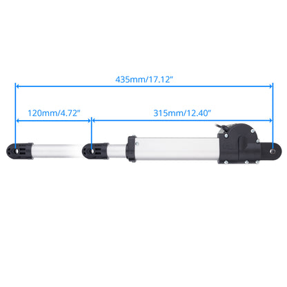 A horizontal cylindrical mechanical arm or actuator with blue dimension lines and measurements showing 435mm total, 120mm on the left section, and 315mm on the right, on a plain white background.