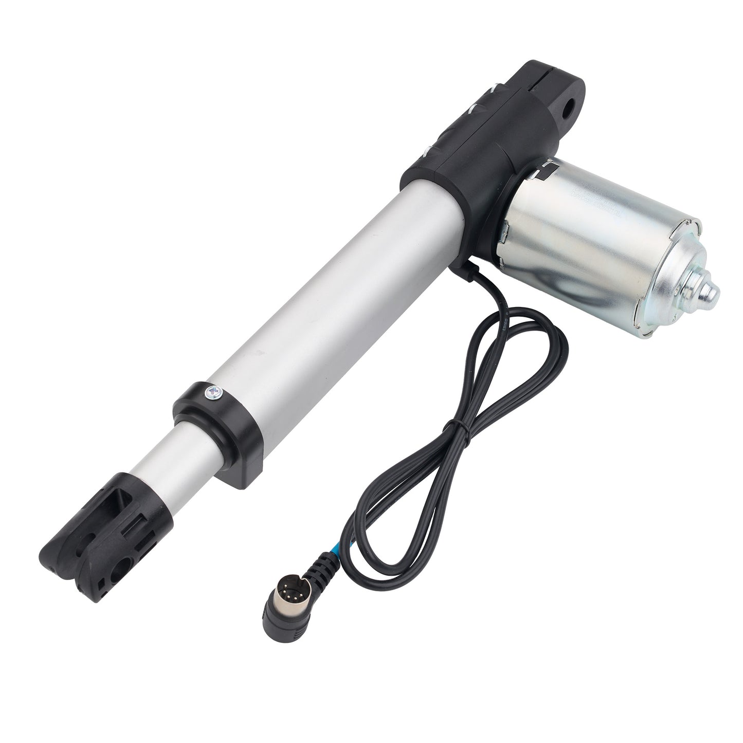 An electric linear actuator motor with a long silver metal rod, black plastic end caps, a silver cylindrical motor housing, and a black power cable with a connector plug, shown on a plain white background.