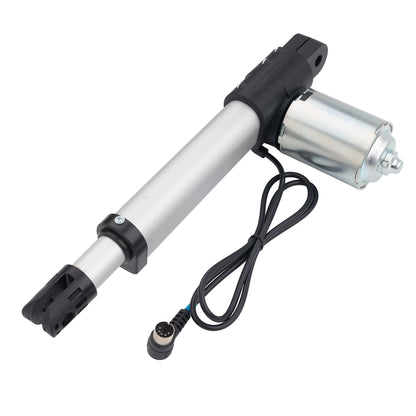 An electric linear actuator motor with a long silver metal rod, black plastic end caps, a silver cylindrical motor housing, and a black power cable with a connector plug, shown on a plain white background.