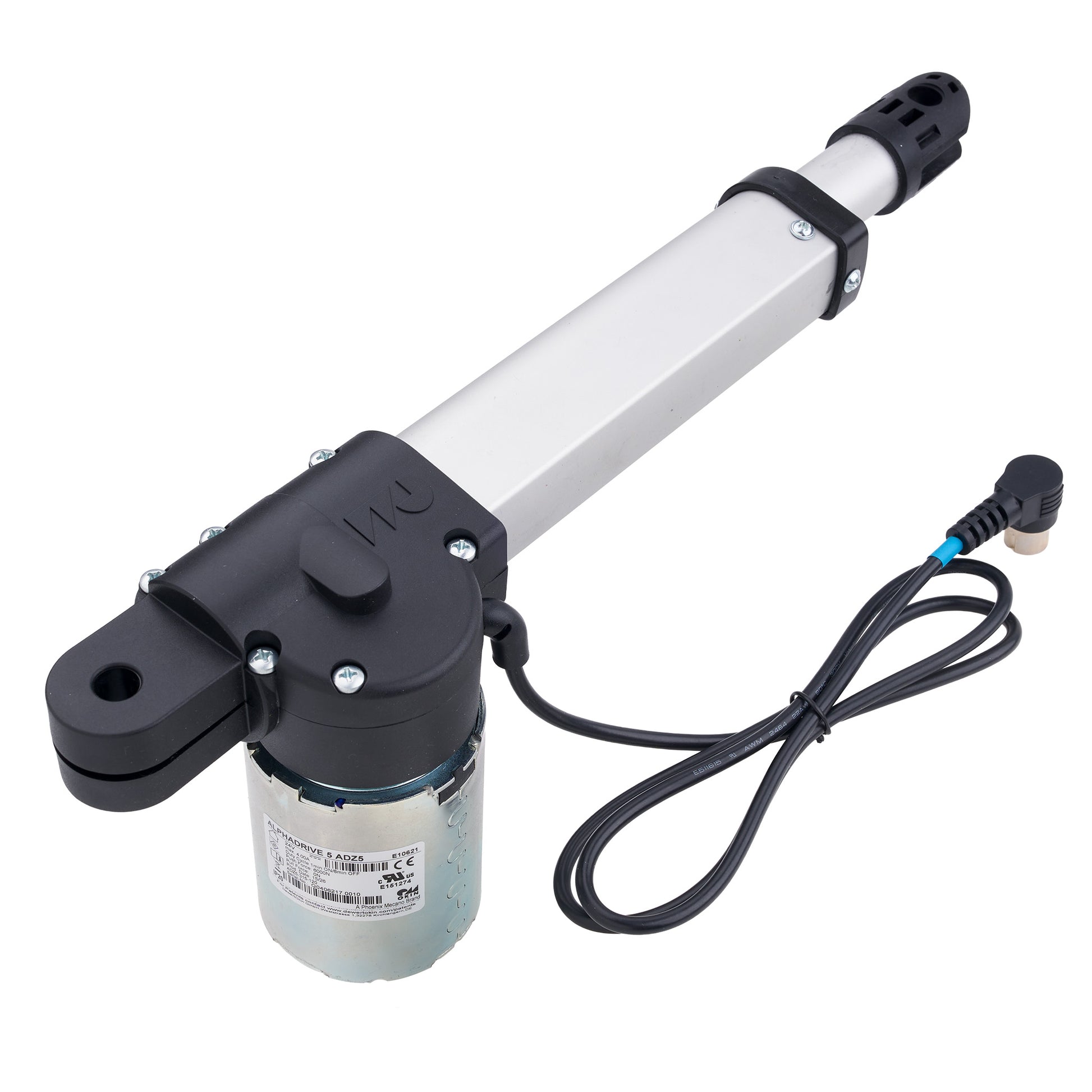 A linear electric motorized window opener or door closer with a long silver metal rod, black plastic end caps, a black motor housing, and an attached black power cord on a white background.