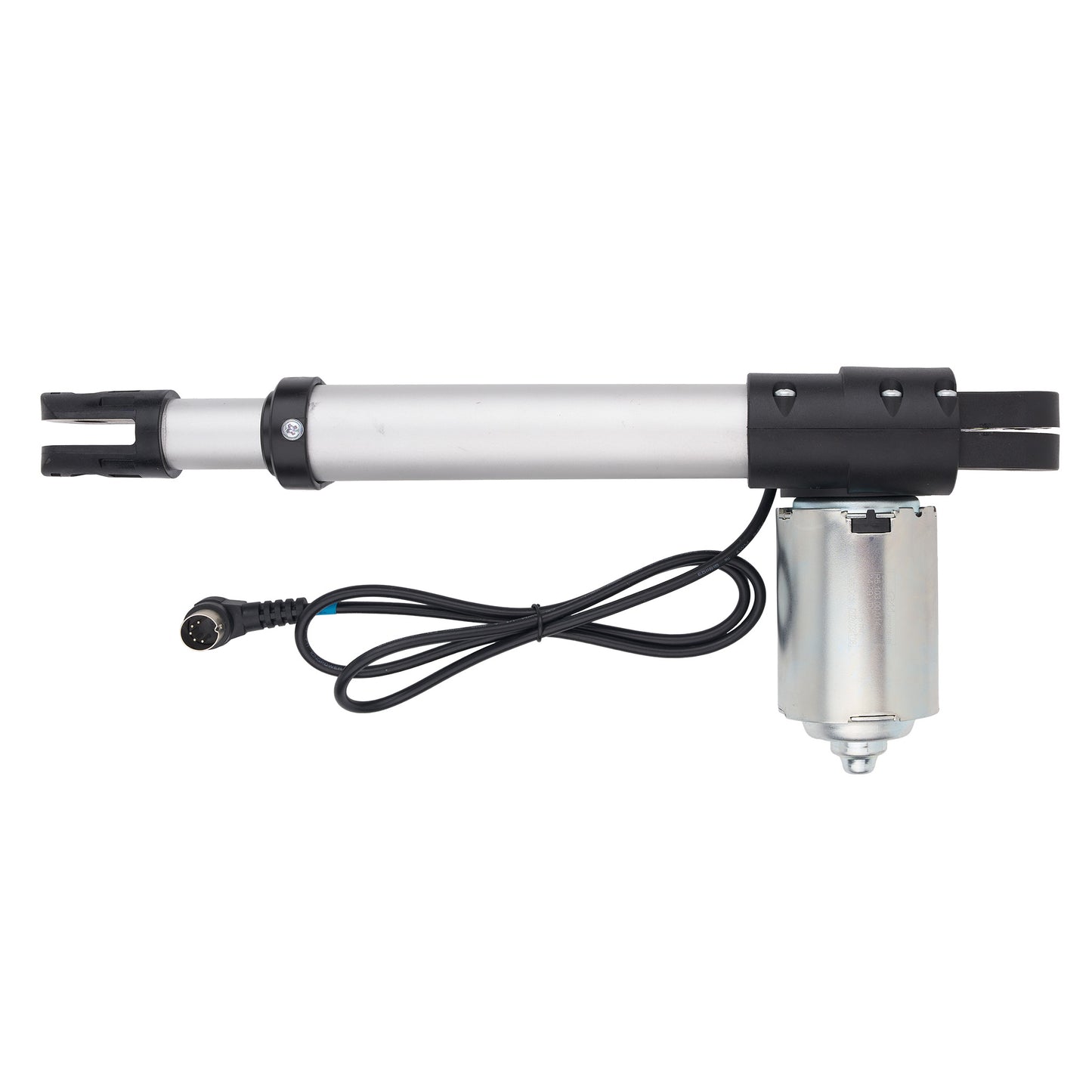 A linear electric gate opener motor assembly with a silver metal cylinder, black plastic end caps, a separate silver motor housing, and a black power cable with a connector, shown on a plain white background.