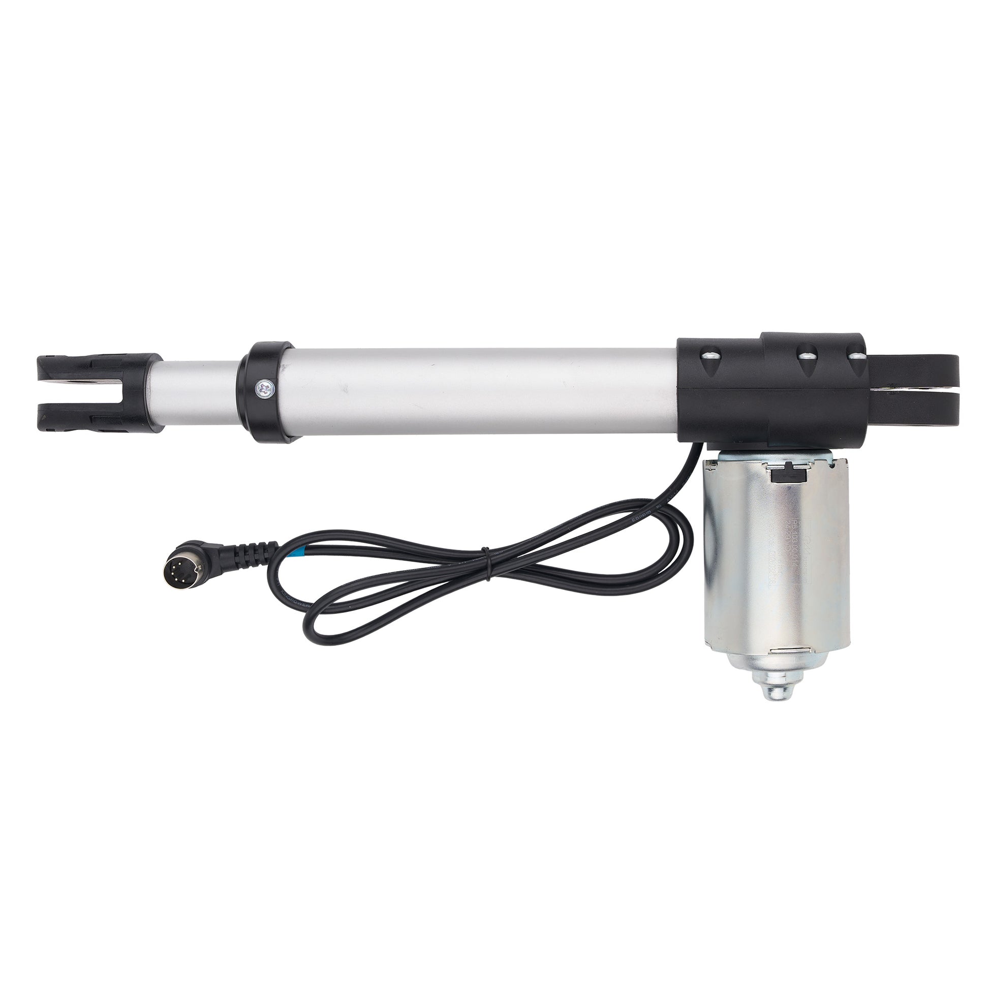 A linear electric gate opener motor assembly with a silver metal cylinder, black plastic end caps, a separate silver motor housing, and a black power cable with a connector, shown on a plain white background.