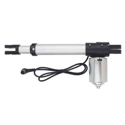 A linear electric gate opener motor assembly with a silver metal cylinder, black plastic end caps, a separate silver motor housing, and a black power cable with a connector, shown on a plain white background.