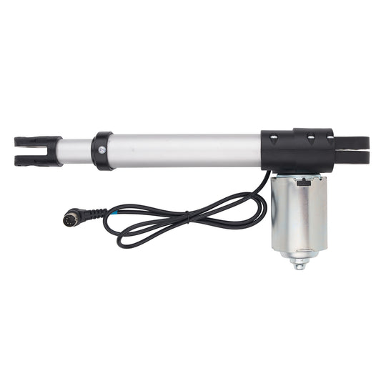 A linear electric gate opener motor assembly with a silver metal cylinder, black plastic end caps, a separate silver motor housing, and a black power cable with a connector, shown on a plain white background.