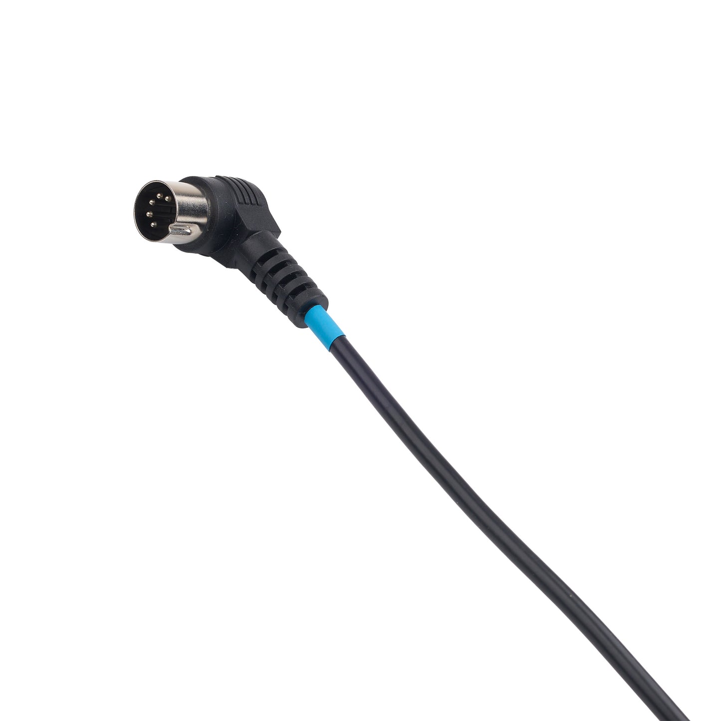 A black right-angle cable connector with a 9-pin circular plug, featuring a bright blue accent band near the threaded connector body, shown on a plain white background.