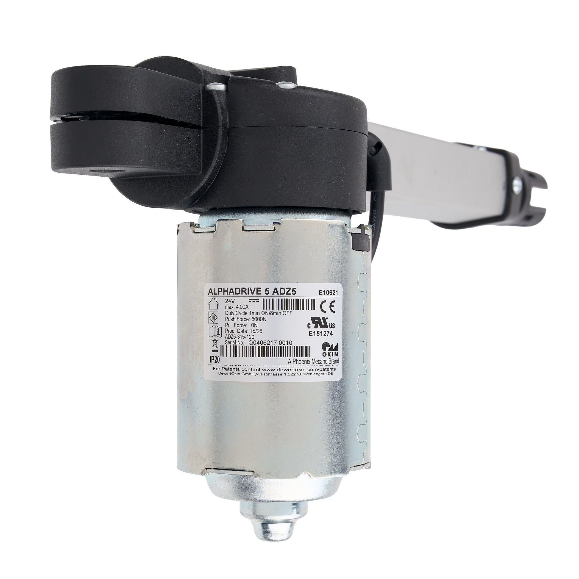 An industrial electric motor drive unit, model ALPHADRIVE S A025, featuring a black plastic protective cover, a silver metal motor housing with a white technical specification label, and a mounting bracket on a white background.