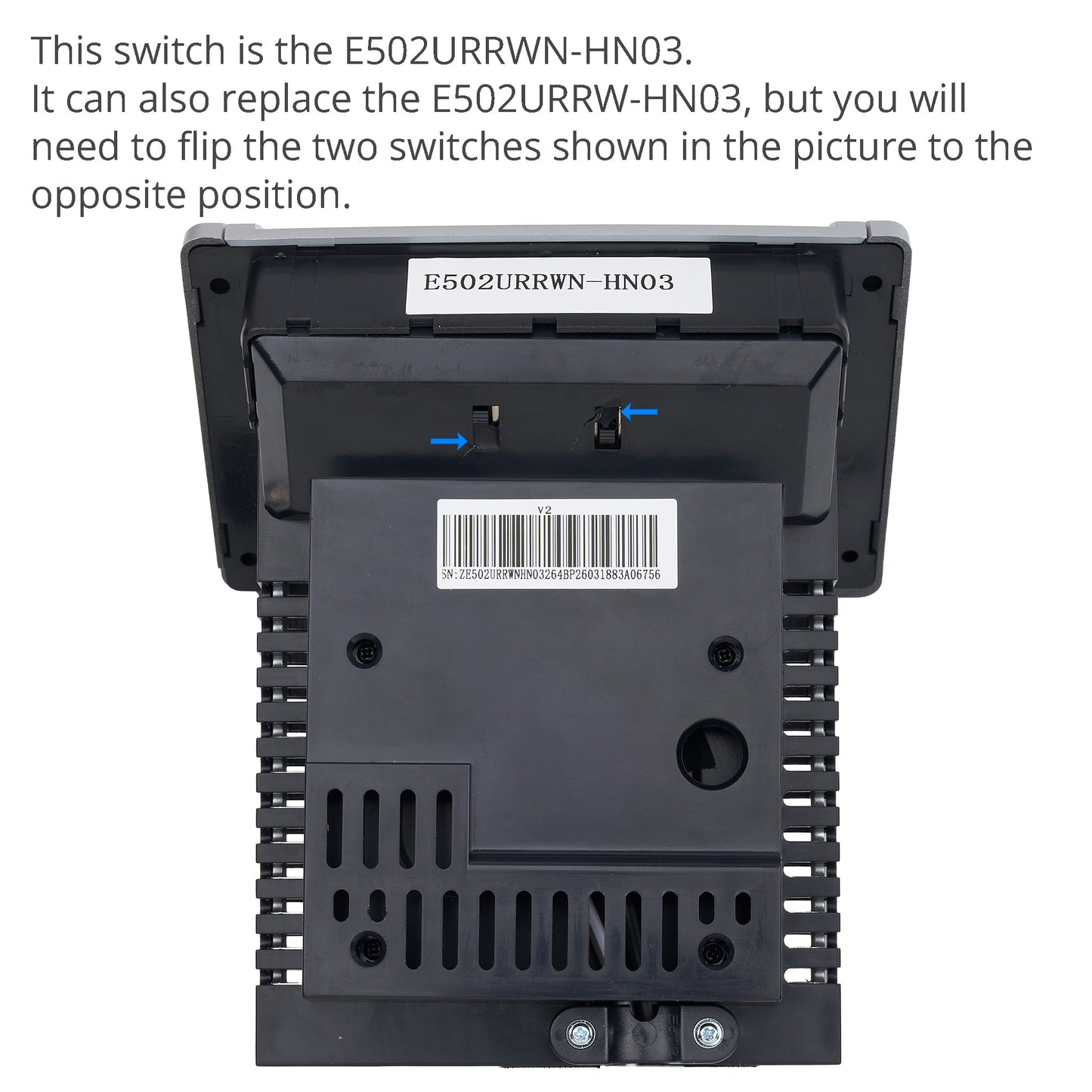 Black electronic switch with E502URRWN-HN03 label on a white background