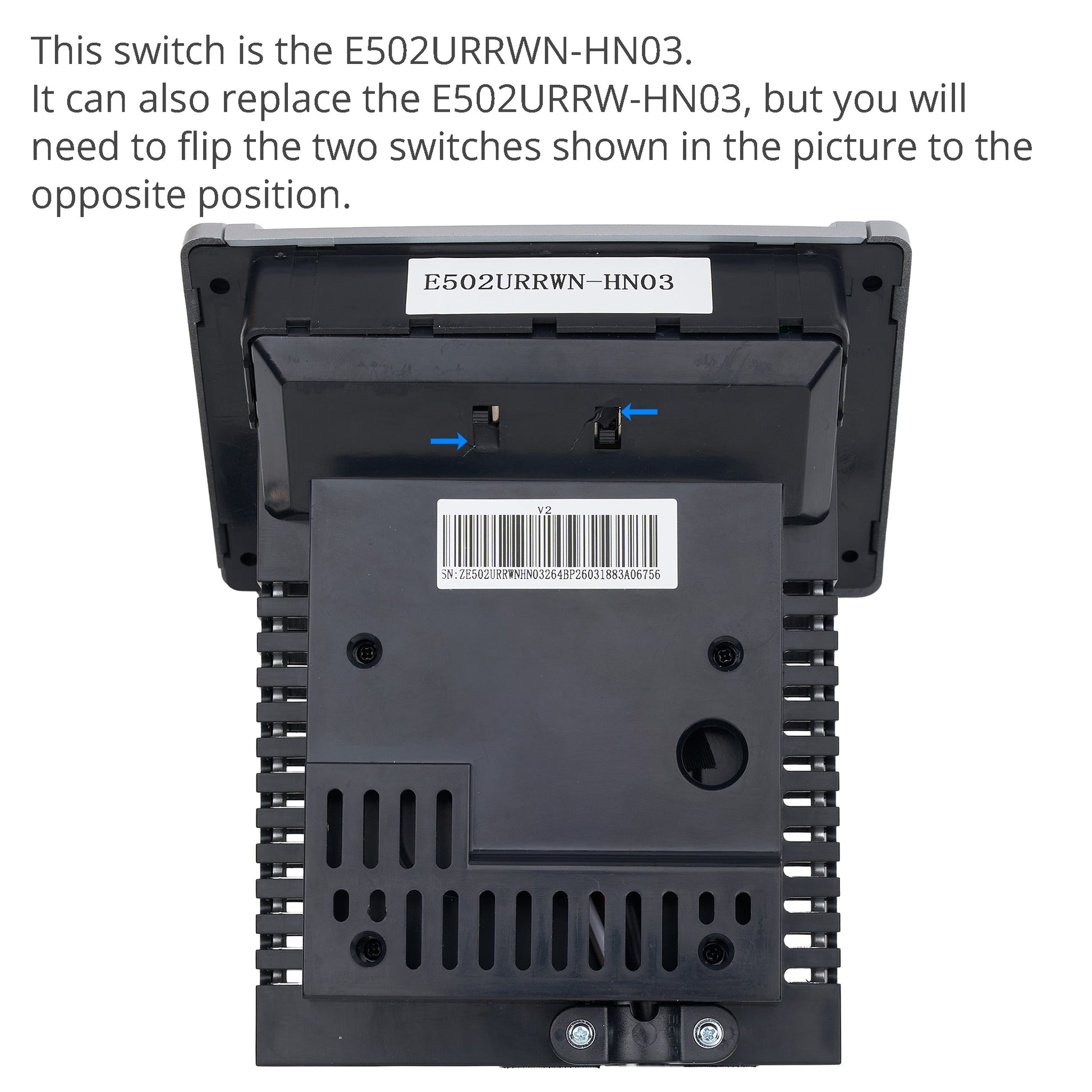 Black electronic switch with E502URRWN-HN03 label on a white background