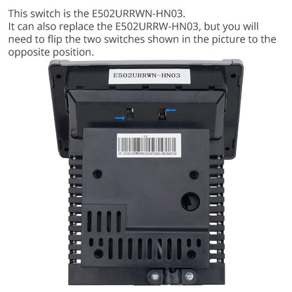 Black electronic switch with E502URRWN-HN03 label on a white background