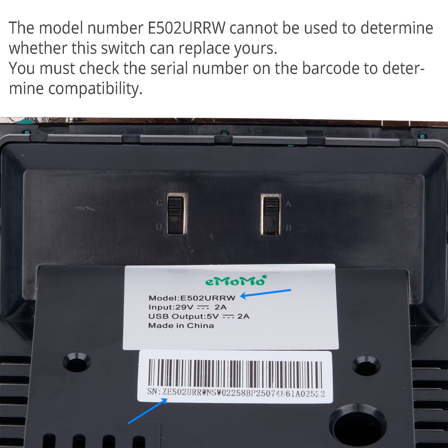E502URRWN switch model number tag