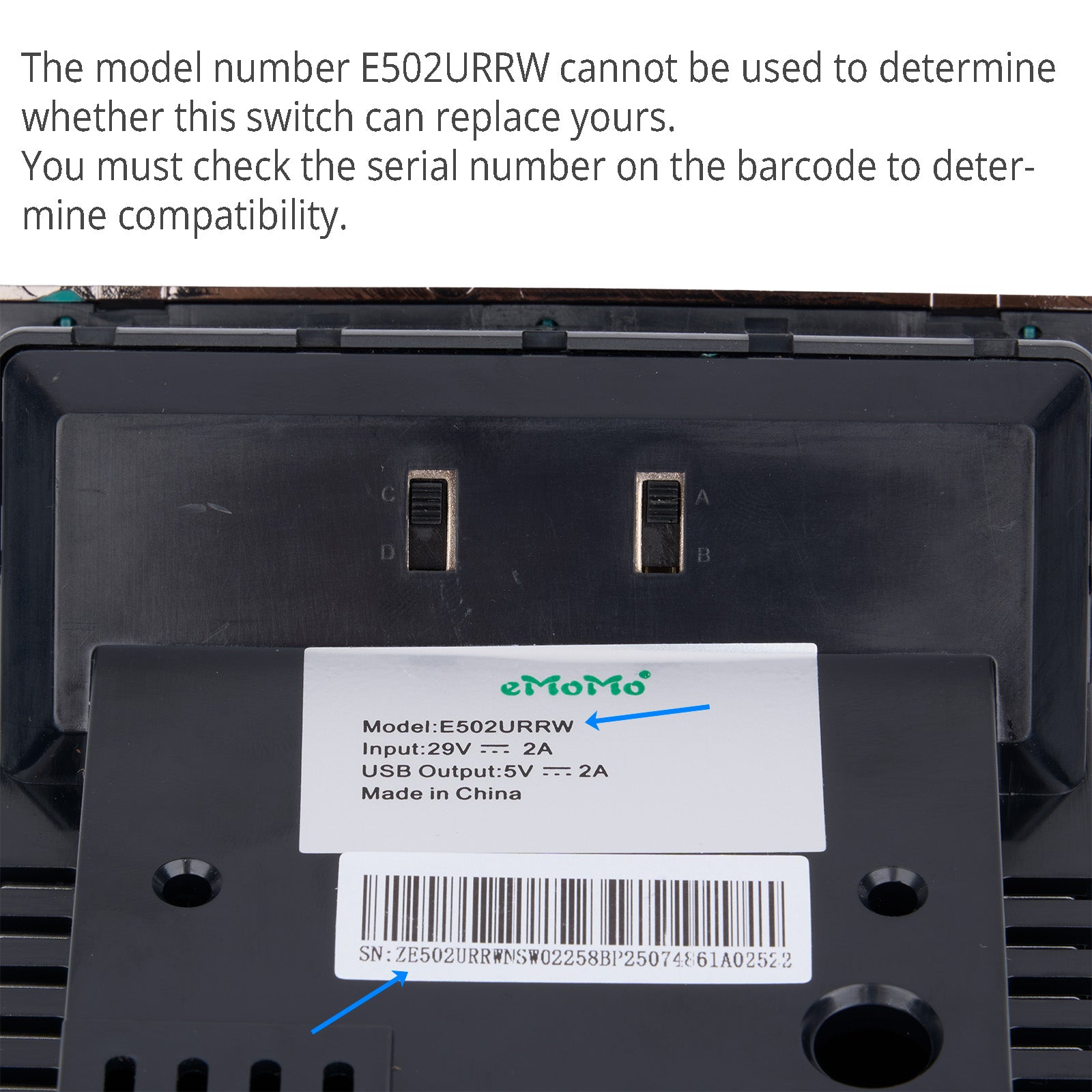 E502URRWN switch model number tag