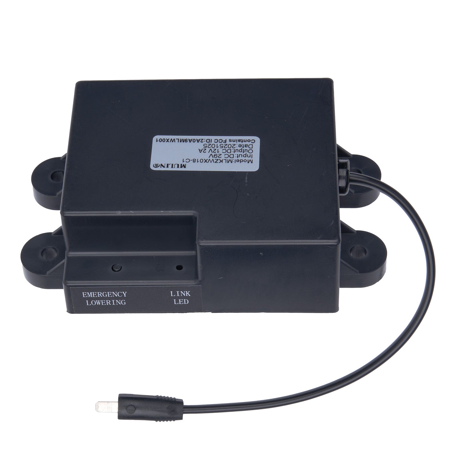 Black electronic device with a cable on a white background