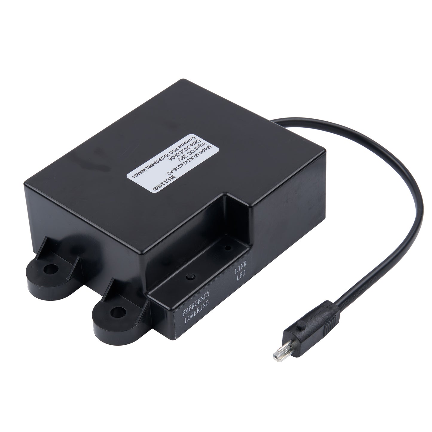 Black electronic module with a cable on a white background