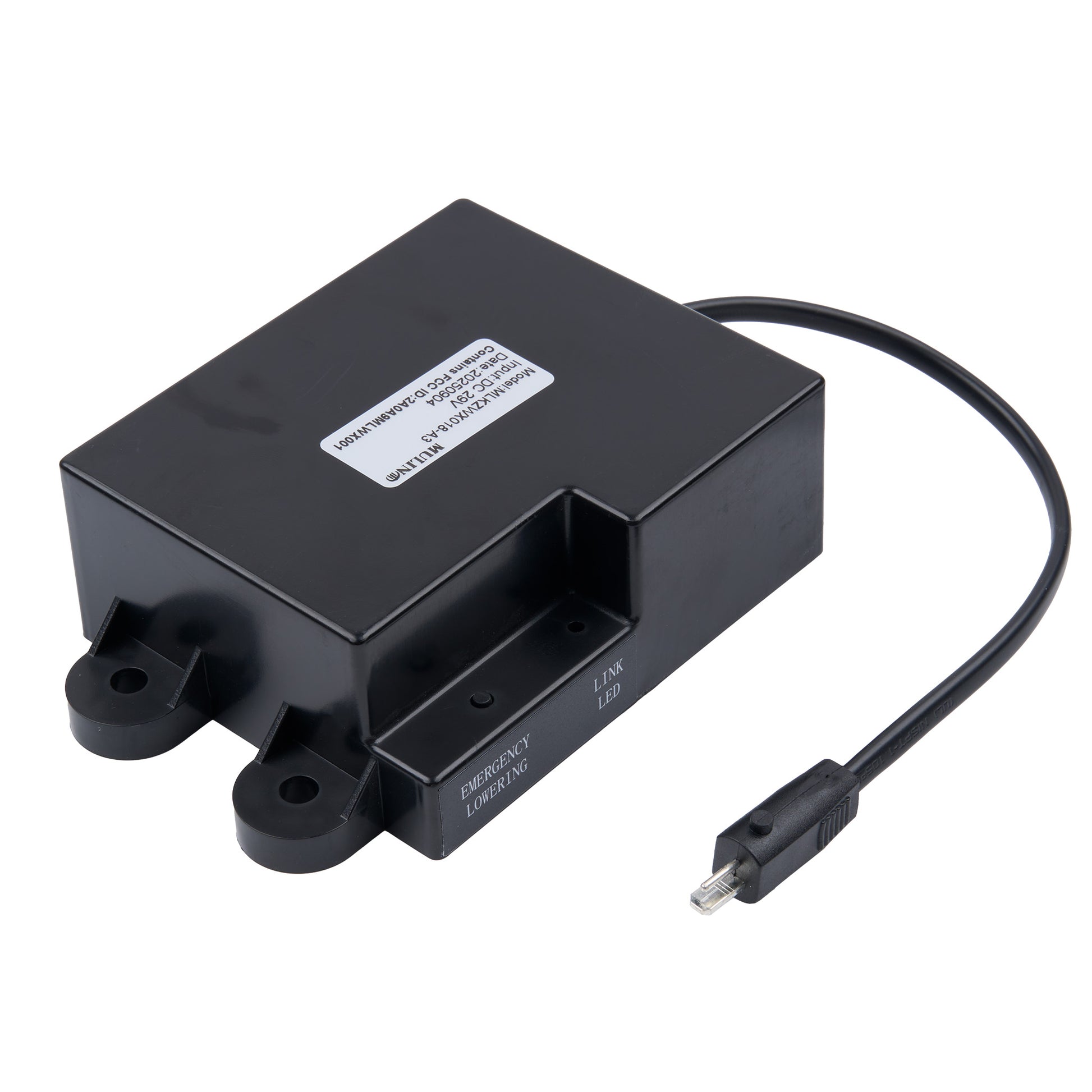Black electronic module with a cable on a white background
