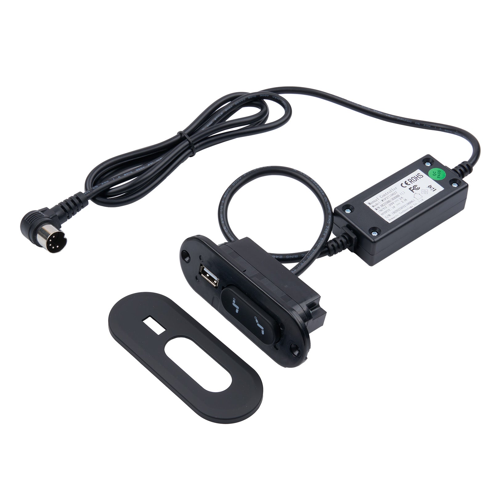 Electronic components including a power adapter, cable, and sensor on a white background