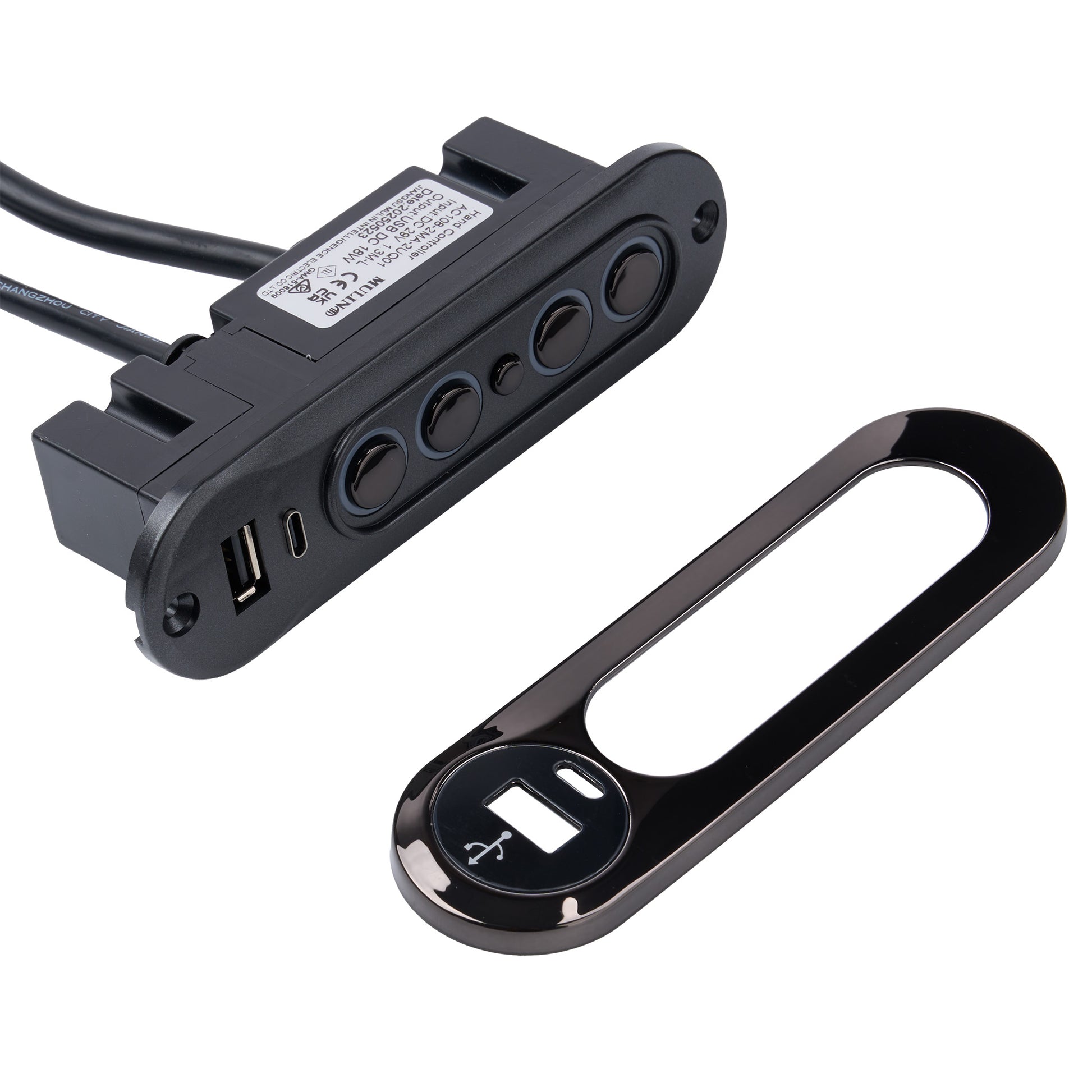 Black power strip with multiple outlets and USB ports on a white background