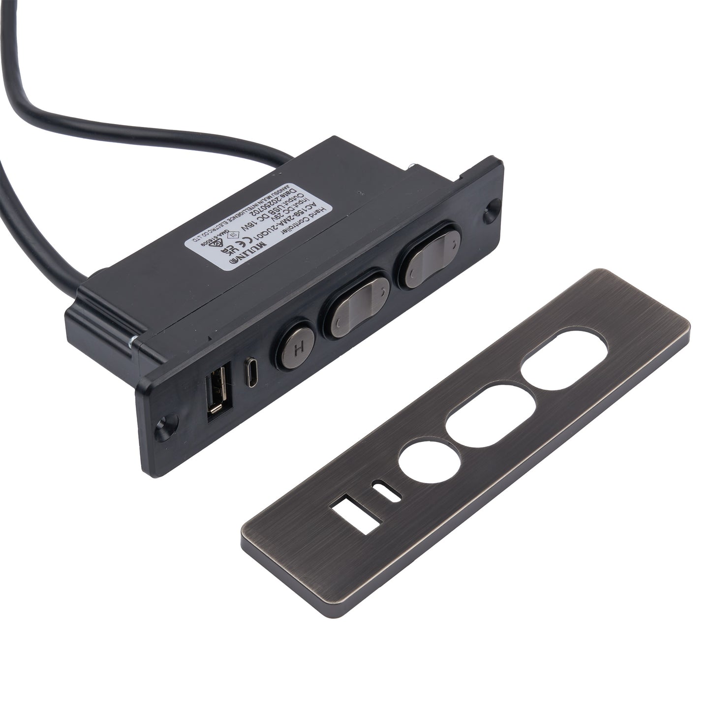 A black electronic control module with a black power cord, three round buttons, a USB port, and a separate brushed metal mounting plate on a white background.