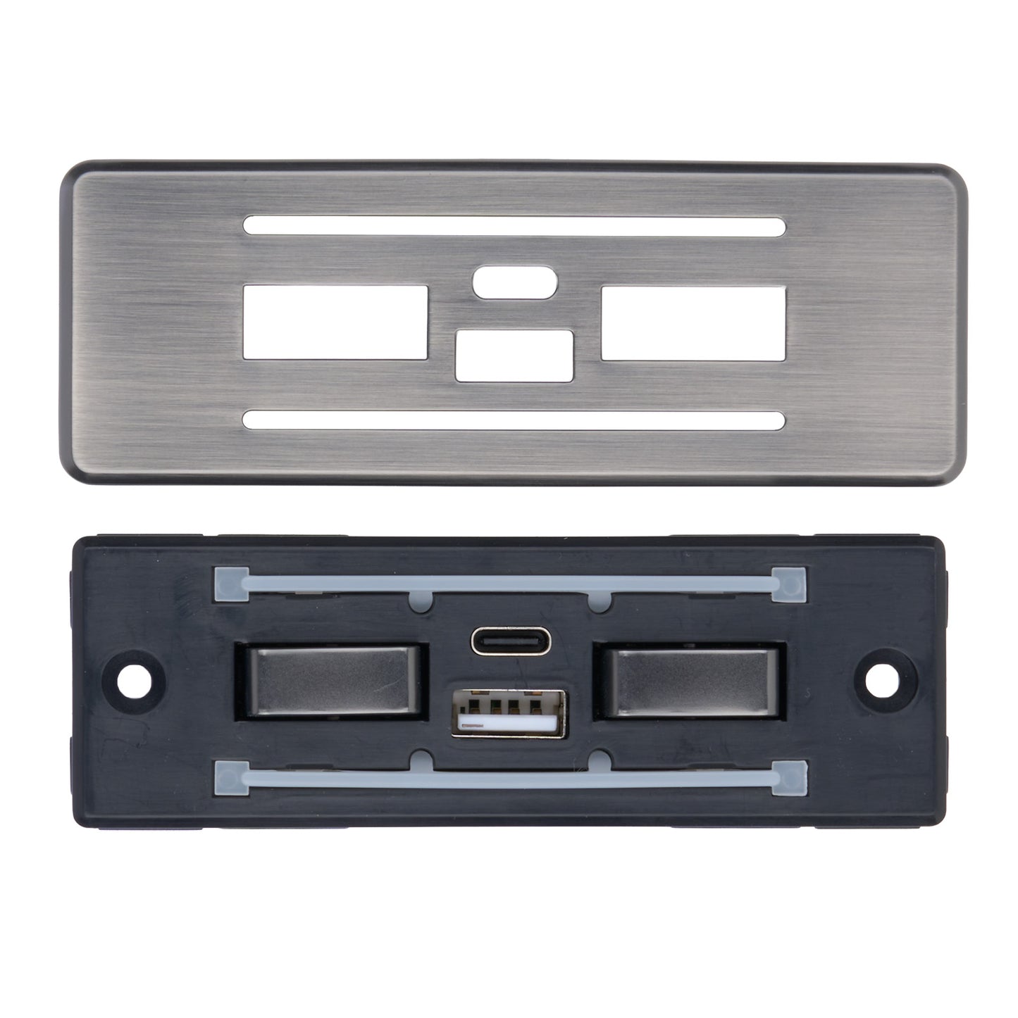 Two metallic car dashboard panels, one with a textured finish and the other with USB and audio jack ports.