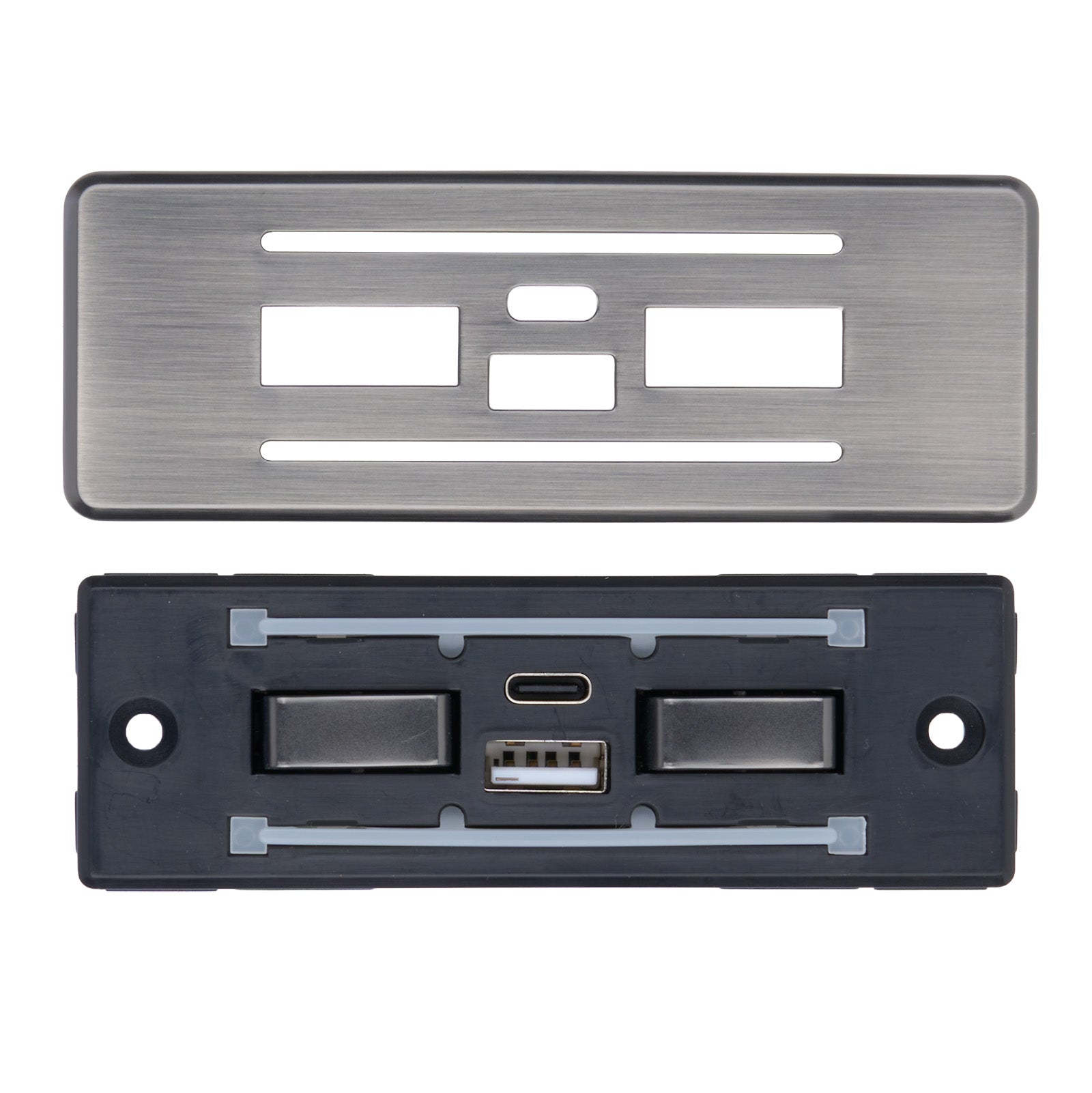 Two metallic car dashboard panels, one with a textured finish and the other with USB and audio jack ports.