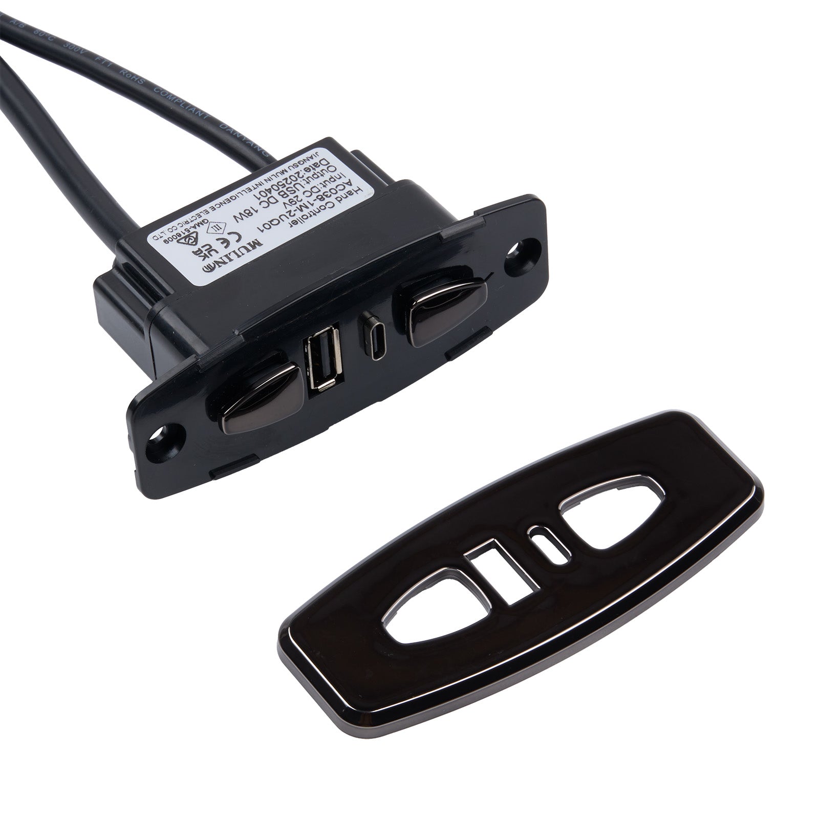 Black cable with a 90-degree connector on a white background