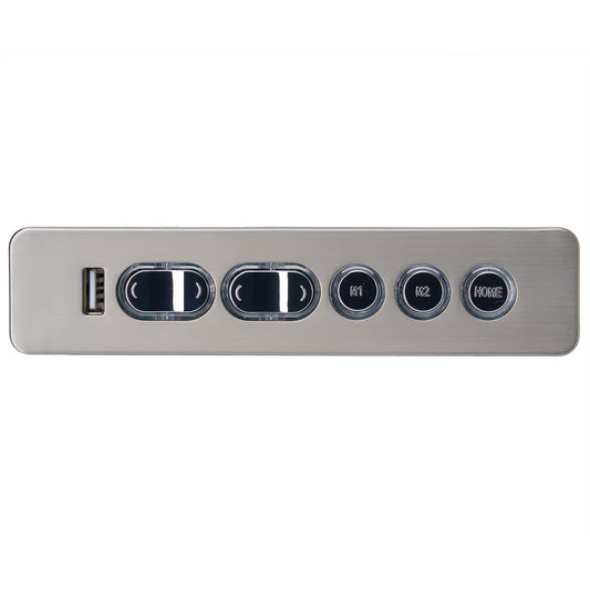 Metallic control panel with buttons and USB port on a white background