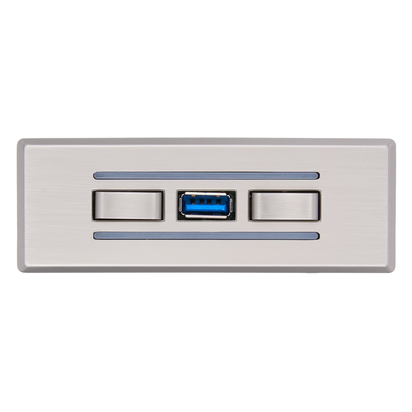 Metallic USB port with two control buttons on a white background