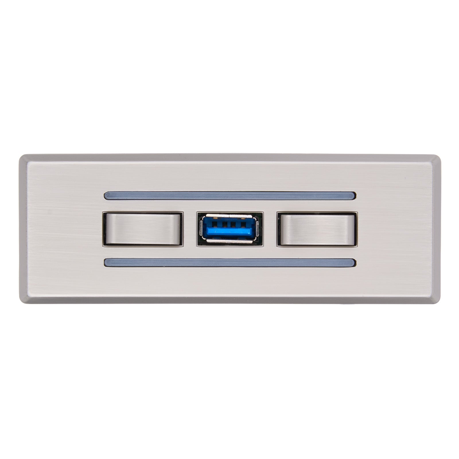 Metallic USB port with two control buttons on a white background