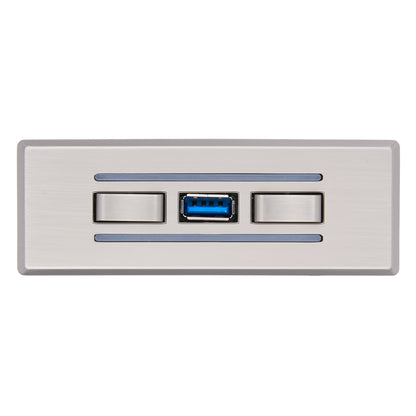Metallic USB port with two control buttons on a white background