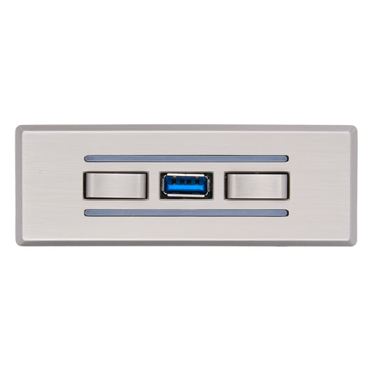 Metallic USB port with two control buttons on a white background
