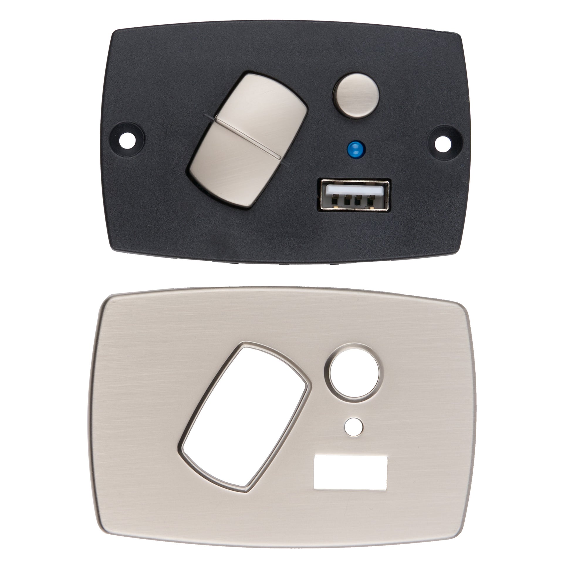 Two modern wall-mounted control panels shown on a white background, one in matte black and one in brushed nickel. Both feature a large rectangular rocker, a circular button, a small blue indicator light, and a USB port.
