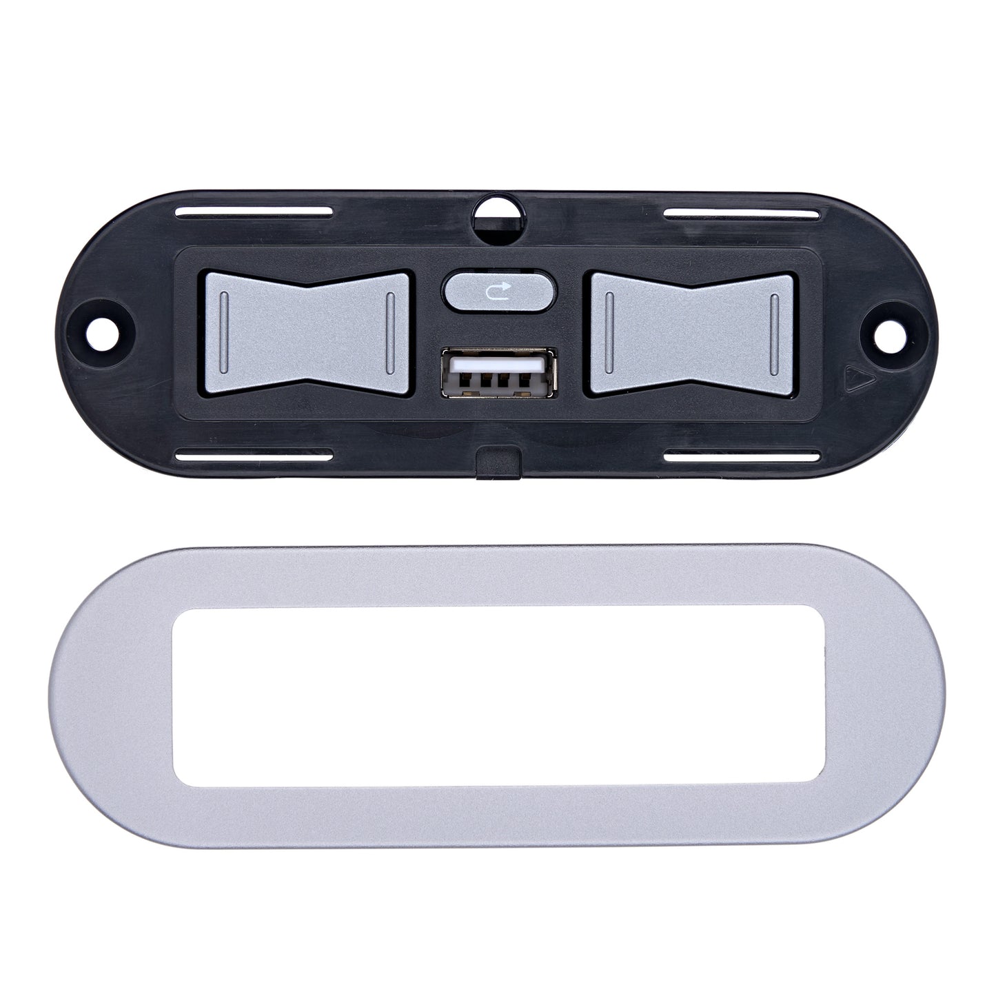 A black plastic dual USB-C charging panel with two silver USB-C connectors and a central power button, shown above a matching silver oval mounting frame on a white background.