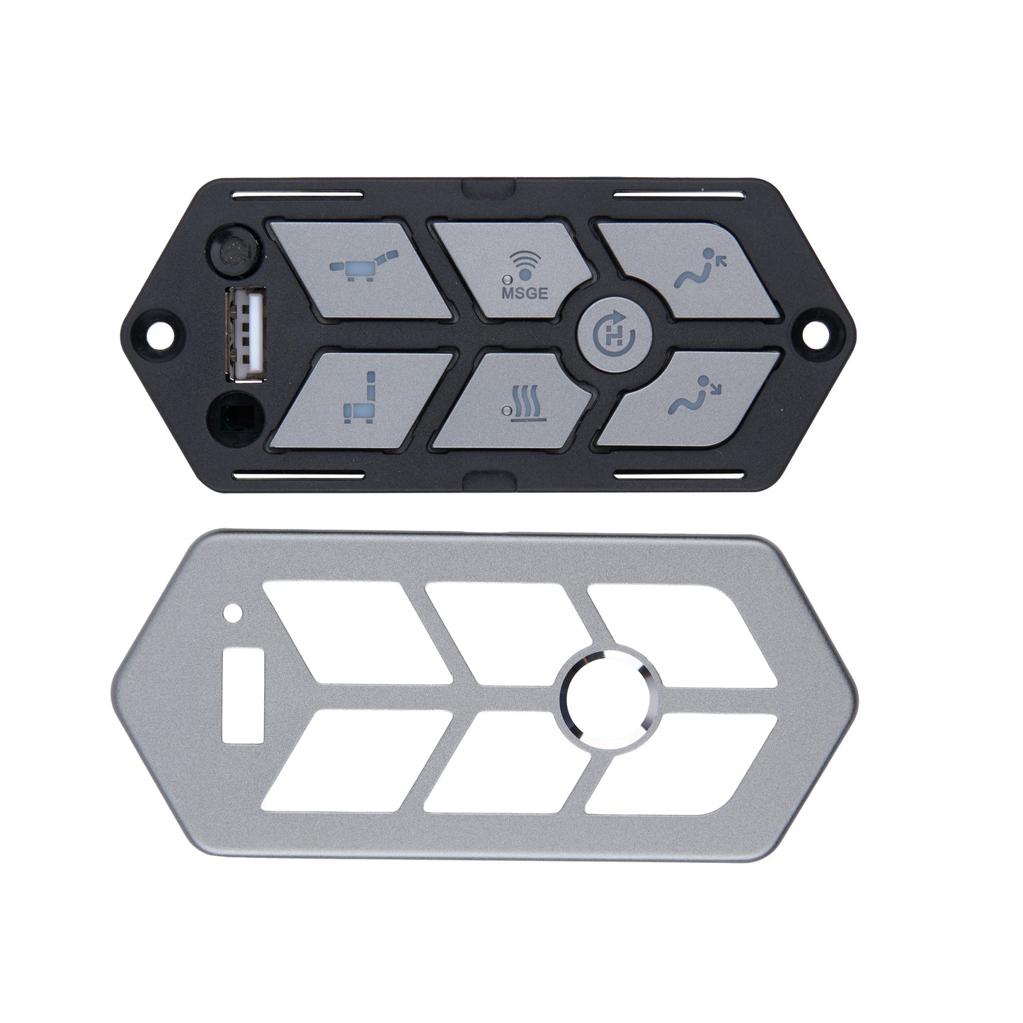 A replacement control panel cover set for a portable heater, featuring a black plastic faceplate with gray buttons and a matching silver metal mounting bracket, shown on a white background.