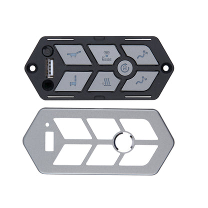 A replacement control panel cover set for a portable heater, featuring a black plastic faceplate with gray buttons and a matching silver metal mounting bracket, shown on a white background.