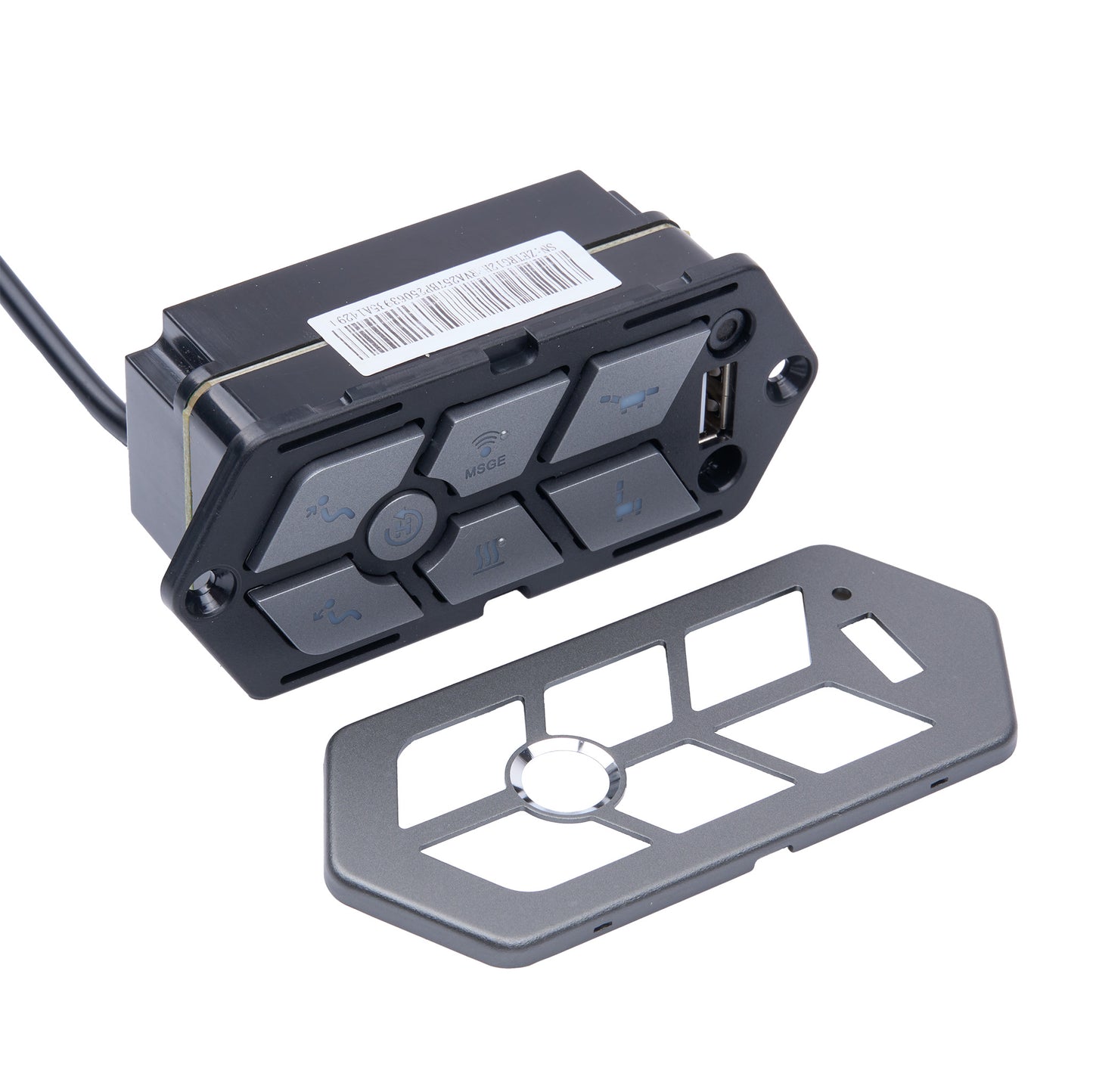 A black marine electronic control box with gray buttons and a USB port, shown alongside a matching gray protective cover on a white background.