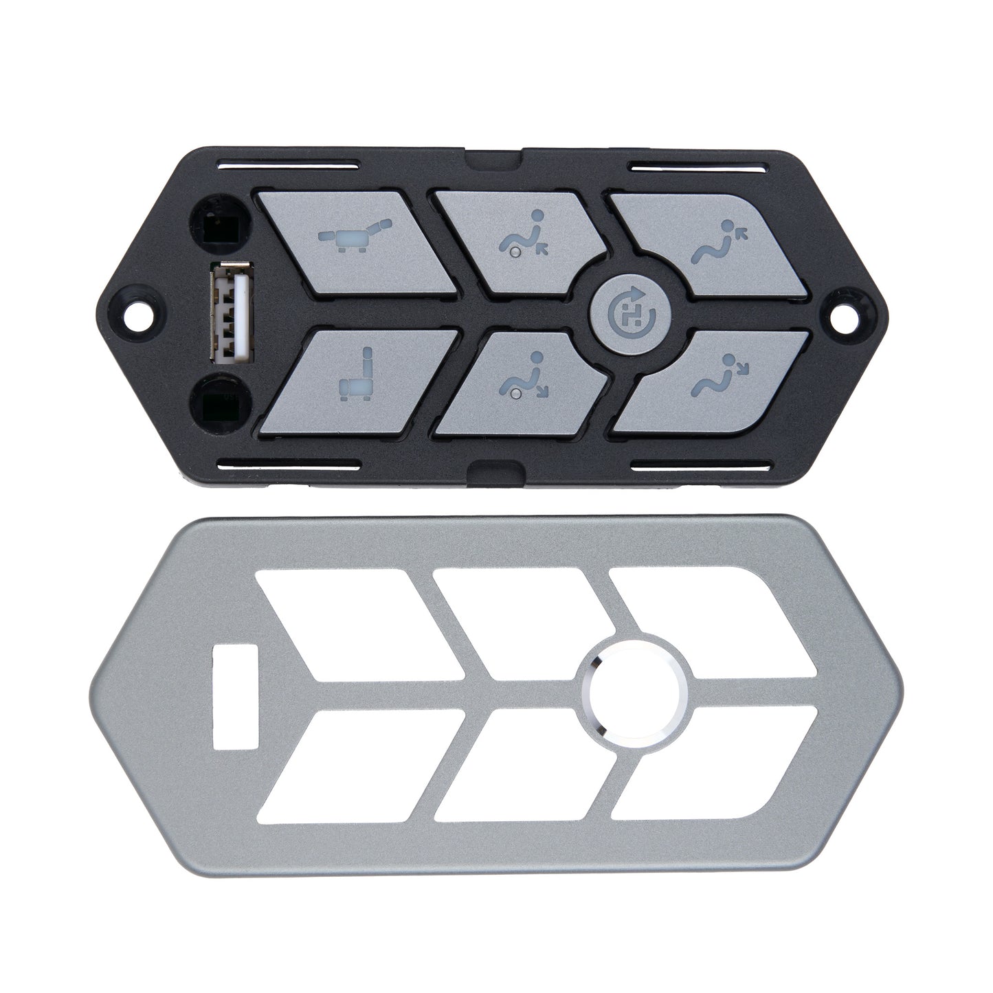 A replacement control panel cover set for a vehicle or machinery console, featuring a black top cover with gray buttons and a separate silver bottom cover, shown on a white background.