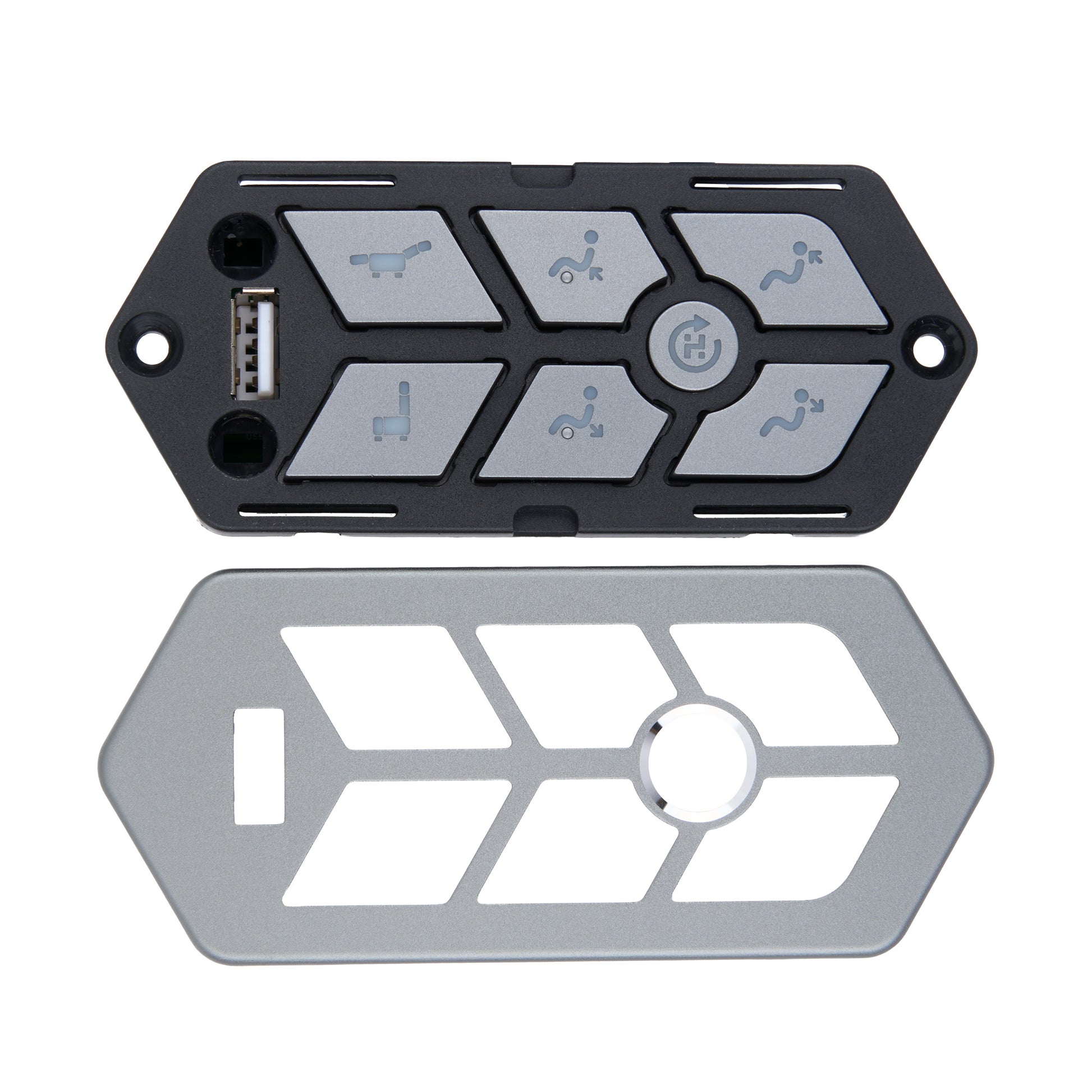 A replacement control panel cover set for a vehicle or machinery console, featuring a black top cover with gray buttons and a separate silver bottom cover, shown on a white background.