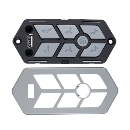 A replacement control panel cover set for a vehicle or machinery console, featuring a black top cover with gray buttons and a separate silver bottom cover, shown on a white background.