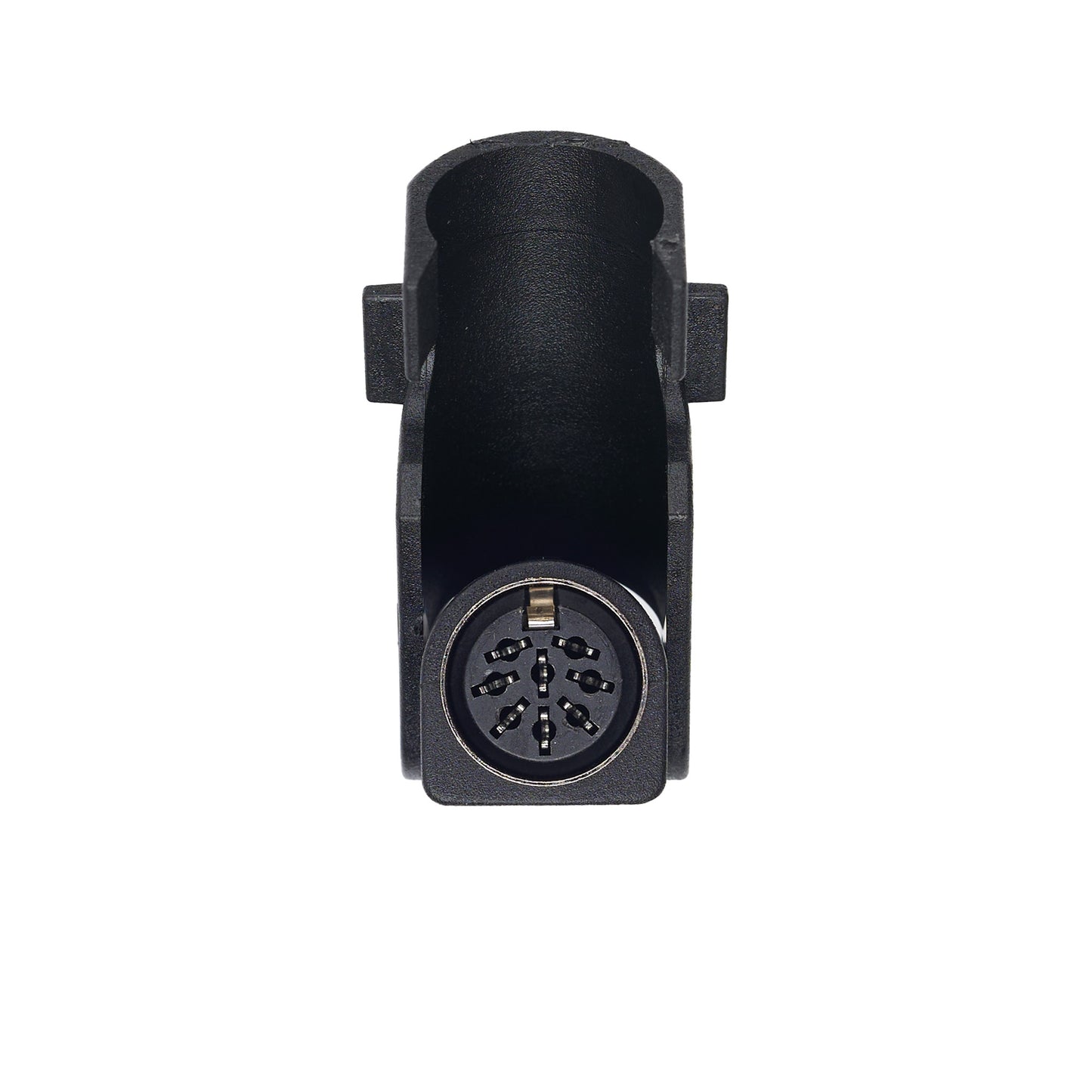 A black plastic electrical connector housing with a multi-pin circular plug, shown against a plain white background.