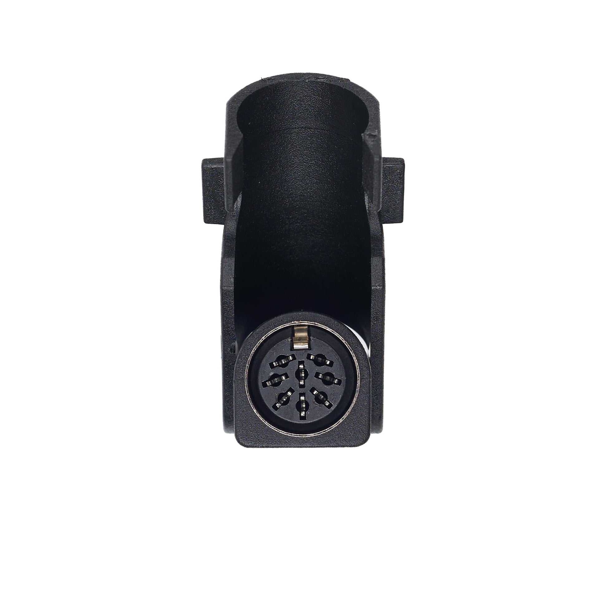 A black plastic electrical connector housing with a multi-pin circular plug, shown against a plain white background.