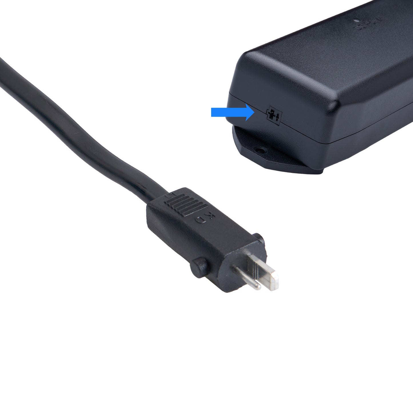 Black power adapter with plug on a white background