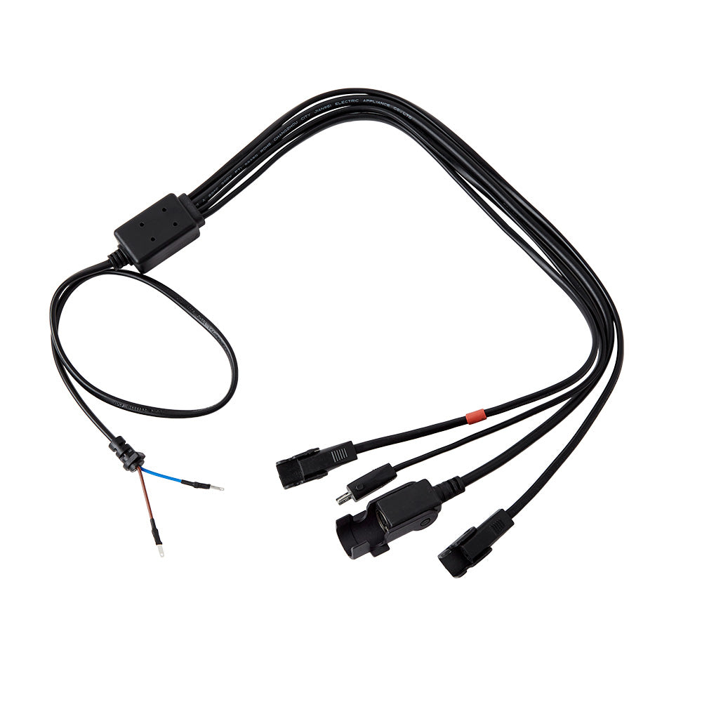 A black 5 way 4 splitter cord for linear actuator with a variety of connectors including an 8-pin round plug, 2-pin male and female plugs, and bare wires.
