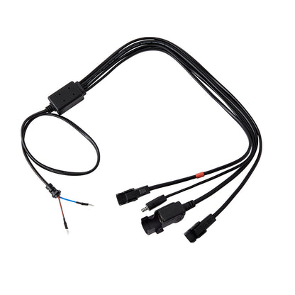 A black 5 way 4 splitter cord for linear actuator with a variety of connectors including an 8-pin round plug, 2-pin male and female plugs, and bare wires.