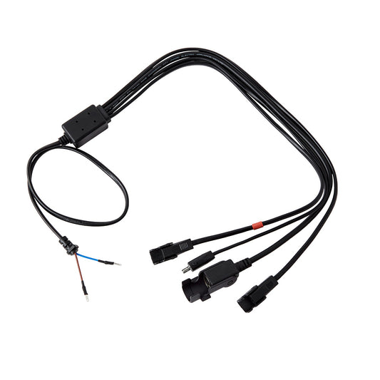 A black 5 way 4 splitter cord for linear actuator with a variety of connectors including an 8-pin round plug, 2-pin male and female plugs, and bare wires.